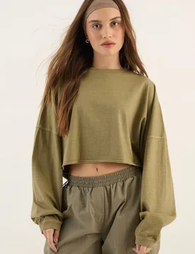 Womens Heavyweight Washed Oversized Long Sleeve Crop T-Shirt - Khaki Cotton - Size X-Small - DSGN Studio - FashionsVida