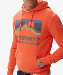 Superdry Herren Baumwolle Grafischer Druck Great Outdoors Kapuzenpullover in Lockerer Passform, Orange & Blau, Größe: M