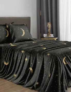 Juego de ropa de cama de 4 piezas con patrón de estrellas y luna negras, juego de ropa de cama suave y fácil de cuidar, juego de sábanas ajustadas - Shein - FashionsVida