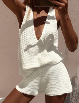 Conjunto de top y shorts de punto sexy para mujer, adecuado para uso diario, vacaciones, estilo japonés blanco, chica suave M - Shein - FashionsVida