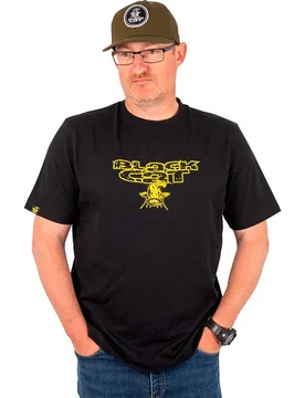 Distressed Logo Black Short Sleeve T-shirt Black / Yellow M Men - Black Cat - FashionsVida