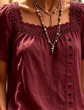 Blusa casual de mujer con cuello cuadrado y ribete de encaje blanco M - Shein - FashionsVida