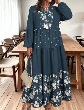 Vestido de manga larga para mujer talla grande, estilo francés casual suave, boho años 60, safari, estampado floral bordado, azul bebé, elegante pa - Shein - FashionsVida