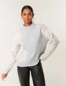 Womens Flower Diamante Detailed Knitted Jumper - Grey - Size Small/medium - Blue Vanilla - FashionsVida
