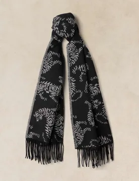 Midweight Animal Pattern Tassel Scarf Black female - White stuff - FashionsVida