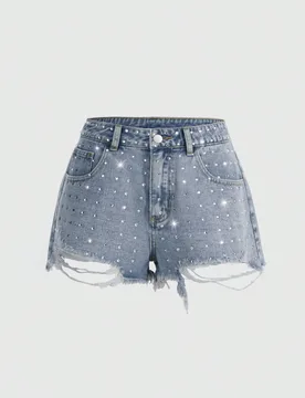 Shorts vaqueros súper cortos con efecto desgastado y adornos de strass para mujer S - Shein - FashionsVida
