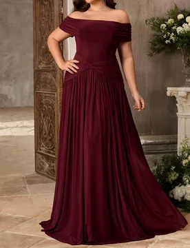 Vestido de Lujo Talla Grande Elegante Formal Cena Noche Fiesta Color Burdeos Plisado Hombros Descubiertos Línea A Maxi Invitada de Boda Dama de Honor - Shein - FashionsVida