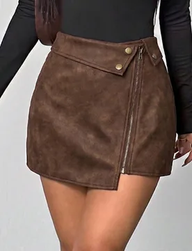 Falda de cuero PU estilo retro americano para mujer, estilo de diseñador de nicho, falda mini de línea A de cintura alta y efecto adelgazante, adecu - Shein - FashionsVida