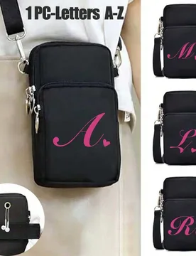 Bolso bandolera con cremallera en forma de corazón plateado y negro para almacenamiento de teléfono, con letras de rosa de la A a la Z. Accesorio de - Shein - FashionsVida