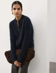 Wool Rich Brushed Zip Up Cardigan with Cashmere Midnight Navy female