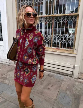 Printed Zip Up V Neck Relaxed Cardigan Red Mix female - Never Fully Dressed - FashionsVida