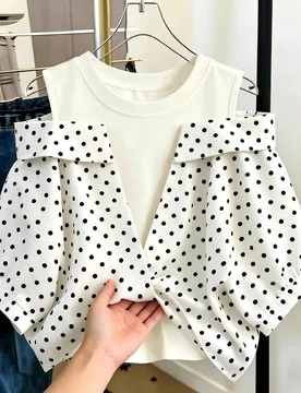 Blusa elegante de verano para mujer, blanca con lunares negros, hombros descubiertos, reversible, estilo fiesta de té, top casual con patchwork, para - Shein - FashionsVida