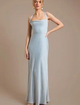 Women's Light Blue Cross Shoulder Tie Back Satin Maxi Bridesmaid Dress Size: 18 - Light Blue - Size: 18 - OASIS - FashionsVida