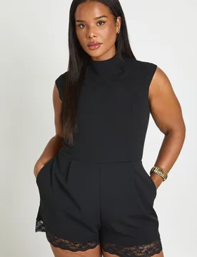 Womens Plus High Neck Lace Trim Tailored Playsuit - Black - Boohoo - FashionsVida