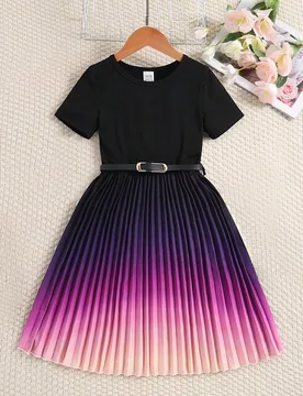 Vestido de manga corta morado-rosa degradado para niñas, vestido elegante de cuello redondo para adolescentes, atuendo de verano cómodo, ligero y ve - Shein - FashionsVida