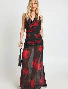 Womens Petite Chiffon Floral Cowl Neck Maxi Dress With Draped Waist Detail - Black - Size 10 Uk - Boohoo - FashionsVida