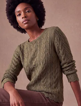 Women's Scallop Trim Cable Knit Jumper in Khaki Size: 14 - Khaki - Size: 14 - Roman - FashionsVida
