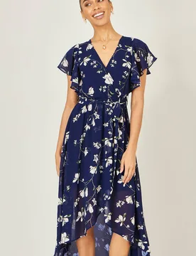 Women's Navy Floral Wrap Midi Dress With Frill Hem Size: 12 - Navy - Size: 12 - Yumi - FashionsVida