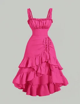 Vestido de verano romántico vintage de talla grande con volantes multicapa en el bajo, sin mangas y de unicolor para mujeres 4XL - Shein - FashionsVida