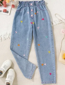 Jeans de pierna ancha con lavado de color claro, estilo Y2K, con bordado de corazón en la cintura, ajuste holgado, minimalista y versátil para uso d - Shein - FashionsVida