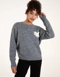 Embellished Heart Knit Jumper - S/M / Dark Grey - female