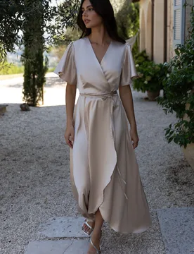 Florence Waterfall Dress in Champagne Satin - 8 - Rewritten - FashionsVida