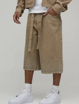 Herren Gewaschene Locker Geschnittene Jeans Hosen-Shorts Mit Gürtel Und Strasssteinen Khaki Größe 34 - boohooMAN - FashionsVida