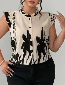 Blusa elegante de manga corta con botones, cuello con volante y estampado floral para mujer de talla grande 2XL - Shein - FashionsVida