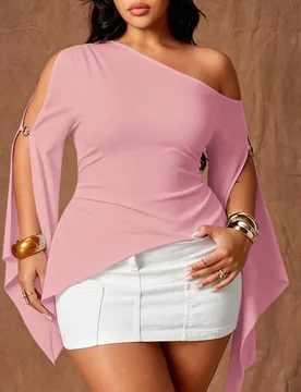 Top sexy de un solo hombro con mangas acampanadas y calados para mujer de talla grande 5XL - Shein - FashionsVida