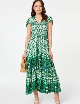 Women's Abstract Cap Sleeve Shirred Maxi Dress in Green Size: 10 - Green - Size: 10 - Izabel London - FashionsVida