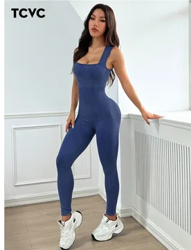 Mono de activewear con lavado de arena para mujer, mono sin mangas cómodo y transpirable, adecuado para yoga, entrenamiento en el gimnasio, deportes - Shein - FashionsVida