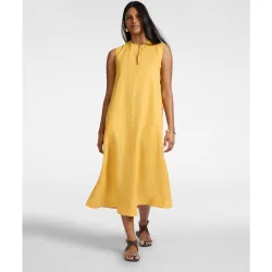 Vestido largo de lino con escote en v línea suave y amplia sin cierres