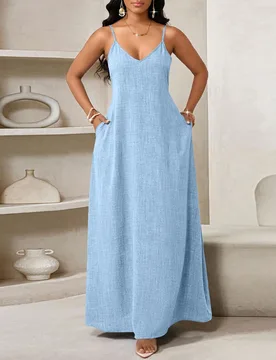 Vestido Maxi Holgado sin Espalda Estilo Boho Azul Claro para Mujer,Vestido Casual de Verano para Vacaciones y Playa con Bolsillos,Atuendo Tropical Sue - Shein - FashionsVida