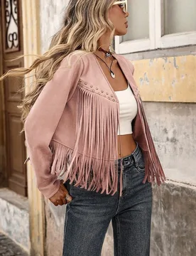 Chaqueta de mujer bohemia de estilo campestre casual de unicolor con ribete de flecos, rosa empolvado, ropa de otoño, con borlas, frente abierto, man - Shein - FashionsVida