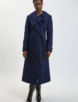 Women's Petite Wool PU Tipped Belted Midi Coat in Navy Size: 12 - Navy - Size: 12 - Karen millen - FashionsVida