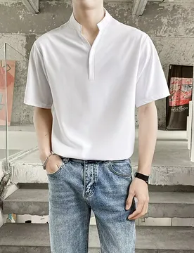 Summer 2025 New Fashion Men's Stand Collar Short Sleeve Solid Color Loose Simple Casual Trendy Polo Shirts Male Clothes T-shirts - Aliexpress - FashionsVida
