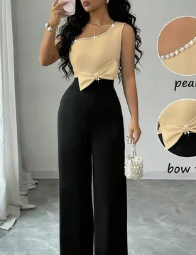 Mono con bloque de color, lazo y decoración de perlas en el hombro, mono elegante y entallado para mujer, adecuado para ir a trabajar, uso diario, sa - Shein - FashionsVida