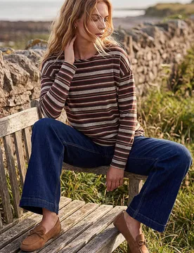Women's Stripe Print Snit Top in Chocolate Size: 12 - Chocolate - Size: 12 - Roman - FashionsVida