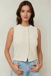 Womens Fitted Crew Neck Waistcoat With Button Detail - Ivory - Size Large