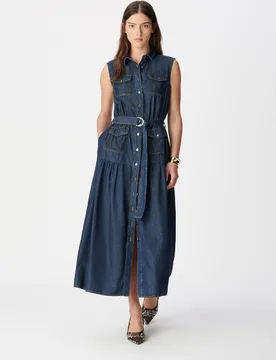 Vestido largo denim abotonado con cinturón - IKKS - FashionsVida