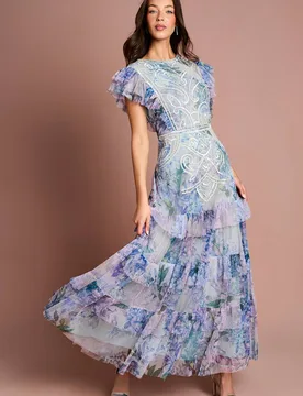 Women's Printed Mesh Sequin Maxi Dress in Blue Size: 14 - Blue - Size: 14 - Coast - FashionsVida