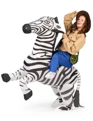 Aufblasbares Zebra Huckepack Kostüm weiss-schwarz