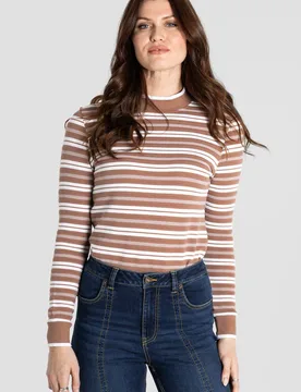 Women's Striped Ribbed Long Sleeve High Neck Jersey Top in Brown Size: 10 - Brown - Size: 10 - Enorsia - FashionsVida