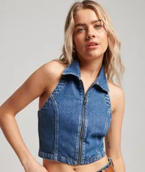 Superdry Damen Denim-oberteil mit Kragen und Durchgehendem Reißverschluss Blau - Größe: 42