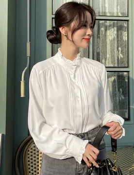 Blusa con volantes en el cuello y mangas, Blusas de manga larga, Ropa de otoño M - Shein - FashionsVida