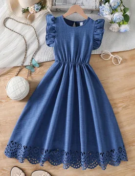 Pieza Vestido azul ajustado con cuello redondo, manga corta, corte láser en el bajo, para niña preadolescente, de mezcla de lino y bambú tejido, in - Shein - FashionsVida