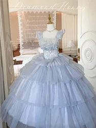 A long and gentle blue light luxury wedding birthday dress