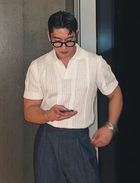 Men's Clothing Luxury Korean Popular Hollow Out Polo Shirt Leisure V Neck Short Sleeve Solid Color Retro Streetwear Knitwear - Aliexpress - FashionsVida