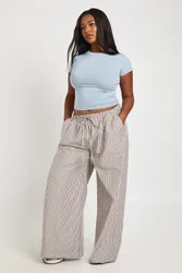 Womens Plus Woven Stripe Elasticated Waist Wide Leg Trouser - Brown - Size 18 Uk