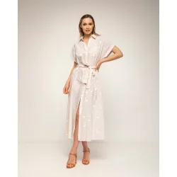 Vestido 100% algodón midi camisero de rayas y con bordados